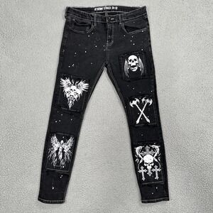 HT Denim Stinger Jeans Men 34x28* Black Skinny Rock Skulls Cross Metal Hot Topic